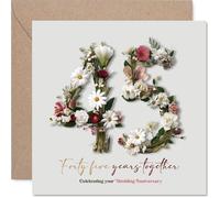 Romantic 45th Anniversary Card - Forty-five Years of Love - Elegant Floral Number Design with Pink and Green Blooms - 145mm Square, Envelope Included