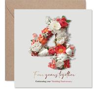 Romantic 4th Anniversary Card - Four Years of Love and Laughter - Elegant Floral Number 4 with Vibrant Blooms - 145mm Square, Envelope Included