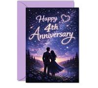 Romantic 4th Anniversary Card - Starry-eyed Together - Dreamy Couple under a Night Sky Scene - Celebrates Four Magical Years - 5x7 Inch, Envelope Included