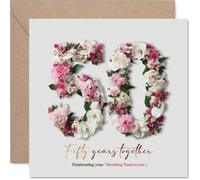 Romantic 50th Anniversary Card - Fifty Blooming Years - Elegant Pink and Green Florals Form a Showstopping 50-145mm Square, Envelope Included