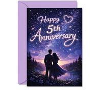 Romantic 5th Anniversary Card - Starry-eyed Romance - Dreamy Couple under a Night Sky Scene - Perfectly Enchanting Fifth Anniversary Vibe - 5x7 Inch, Envelope Included