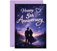 Romantic 5th Anniversary Card - under a Starry Sky Together - Romantic Couple Silhouette and Dreamy Colours - Celebrate Five Years of Love and Memories - A5, Envelope Included