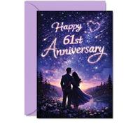 Romantic 61st Anniversary Card - Starry Sky Romance - Silhouetted Couple under Dreamy Purple and Blue Night - 5x7 Inch, Envelope Included