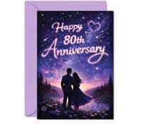 Romantic 80th Anniversary Card - Stargazing Couple under a Dreamy Sky - Romantic Silhouette Scene with Vibrant Purples and Pinks - 5x7 Inch, Envelope Included