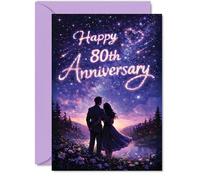 Romantic 80th Anniversary Card - Starry-eyed Celebration - Dreamy Couple Silhouette Beneath a Sparkling Night Sky - Perfect for Marking a Magical Milestone - A5, Envelope Included