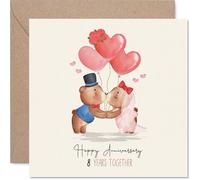 Romantic 8th Anniversary Card - Eight Years and Still Smitten - Adorable Bears with Heart Balloons Sharing a Kiss - 145mm Square, Envelope Included