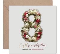Romantic 8th Anniversary Card - Eight Years of Love and Laughter - Elegant Floral Number 8 in Soft Pinks and Greens - 145mm Square, Envelope Included