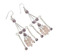 Romantic 925 Sterling Silver Fish Hook Earrings - Faceted Round Amethyst & Rose Quartz Duo (5, 4, 4mm)