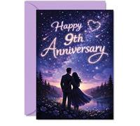 Romantic 9th Anniversary Card - Starry-eyed Wonder for Your 9th - Romantic Couple under Purple-blue Night Sky - Celebrate Lasting Love - A5, Envelope Included
