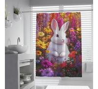 Romantic Aesthetics Shower Curtain White Bunny Amidst Colorful Wildflowers Bathtub Curtain Waterproof Polyester for Spring Nature Decor 180 x 220 cm
