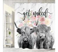 Romantic Angels Highland Cow Shower Curtain 72 * 72 Inch Western Shower Curtains Farmhouse Country Rustic Shower Curtain Sets Funny Cute Get Naked Highland Cow Bathroom Decor (Flower)