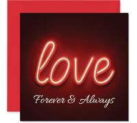 Romantic Anniversary Card - Bold Neon Romance - Red and Black 'Love' Design with Forever & Always Motif, Valentine's Day - 145mm Square, Envelope Included