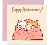 Romantic Anniversary Card - Cosy Cat Cuddles to Celebrate Your Love - Adorable Snuggling Feline Couple Wrapped in a Pink Blanket - 145mm Square, Envelope Included