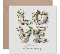 Romantic Anniversary Card - Floral Love Letters Bursting with Blooms - Elegant Pink and Green Design - 145mm Square, Envelope Included