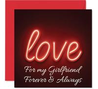 Romantic Anniversary Card for Girlfriend - Bold Neon 'Love' Artwork - Standout Red and Black Design with 'Forever & Always', Valentine's Day - 145mm Square, Envelope Included
