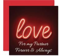 Romantic Anniversary Card for Partner - Neon Script Says It All - Glowing 'Love' Motif with Forever & Always Message, Valentine's Day - 145mm Square, Envelope Included