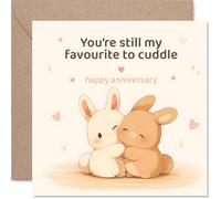 Romantic Anniversary Card - Still My Favourite to Cuddle - Cute Bunnies Hugging with Pastel Hearts - Sweet Way to Mark Your Special Day Together - 145mm Square, Envelope Included