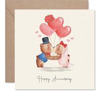 Romantic Anniversary Card - Two Loving Bears Sharing a Kiss - Surrounded by Heart-shaped Balloons in Soft Pastels - 145mm Square, Envelope Included