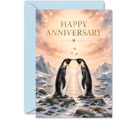 Romantic Anniversary Card, Two Penguins at Sunset