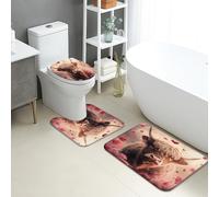 Romantic Bathroom Mat Sets 3 Piece, Cute Highland Cow Floral Absorbent Non Slip Toilet Rugs U Shaped Washable, Love Heart Quick Dry Flannel Bathroom Rug Set