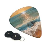 Romantic Beach Printed Guitar Picks, 6 Pack with Leather Keychain Pick Holder - 0.46mm, 0.71mm, 0.96mm Assorted Thickness for Acoustic Ukulele, Electric Guitar, Acoustic Guitar, Bass