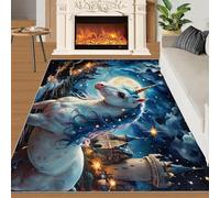 Romantic Beautiful Castle Girls Room Home Decoe Rug， Night Sky Cute White Horse Anti-Slip Washable Rugs， Apply To Living Room Bedroom (70x120cm)