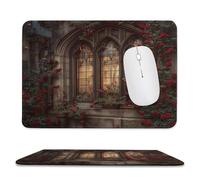 Romantic Beautiful Rose Non-Slip Base Mousepad,Colorful Mid Century Gothic Castles Window Red Floral Stitched Edges for Decoration,Most Types of Mouse 11.8"x9.8"