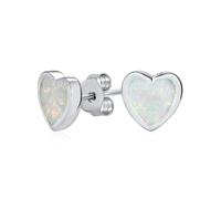 Romantic Bezel Set Gemstone White Created Opal Sweet Heart Shaped Stud Earrings For Women Teens .925 Sterling Silver 9MM October Birthstone