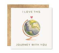 Romantic Birthday Card & Anniversary Card for Couples, Husband & Wife - Funny Paper Gift with Globe Pattern and Envelope, Cozy Cute Design for Him and Her - Love This Journey with You