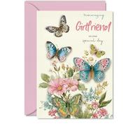 Romantic Birthday Card for Girlfriend - Bursting with Butterflies and Blooms - Vibrant Floral Design in Pinks and Blues - 5x7 Inch, Envelope Included