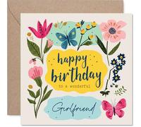 Romantic Birthday Card for Girlfriend - Bursting with Love - Vibrant Floral and Butterfly Design in Cheerful Pinks and Yellows - 145mm Square, Envelope Included