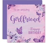 Romantic Birthday Card for Girlfriend - Butterflies and Blooms in Soft Pinks and Purples - Whimsical Floral Design to Brighten Her Special Day - 145mm Square, Envelope Included