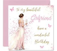 Romantic Birthday Card for Girlfriend - Chic Celebration - Pink Dress, Butterflies and Gold Sparkles - Affectionate Style for Her Special Day - 145mm Square, Envelope Included
