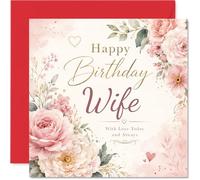 Romantic Birthday Card for Wife - with Love Today and Always - Elegant Watercolour Florals, Gold Script and Hearts - 145mm Square, Envelope Included