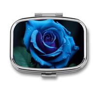 Romantic Blue Rose Pill Box 2 Compartments Portable Travel Pill Case Mini Medicine Organizer for Pocket Purse Metal Waterproof Medicine Container Holder Vitamin Fish Oil