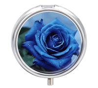 Romantic Blue Rose Round Pill Box 3 Compartment Medicine Pill Organizer with Mirror Travel Small Pill Case Cute Vitamin Organizer Portable Daily Pill Container for Pocket Purse