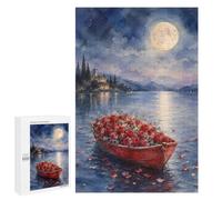 Romantic Boat Full of Roses Under The Moon Adult Puzzle, 1000 PCS, Relaxing Jigsaw Activity, A Satisfying Project for Experienced Puzzlers, for Puzzle Fans