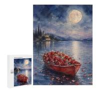 Romantic Boat Full of Roses Under The Moon Jigsaw Puzzle, 500 PCS, Indoor Activity for The Home, A Mindful Leisure Activity for Puzzle Lovers, at Home