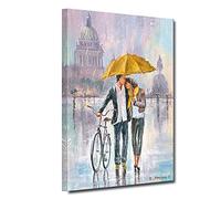 Romantic Canvas Prints Couple Holding a Umbrella With Bicycle Wall Art Decoration Colorful Pictures Rain Oil Painting Home Decor For Living Room Bedroom, Framed Ready to Hang (Yellow, 16"x24")