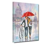 Romantic Canvas Prints Couple Holding a Umbrella With Bicycle Wall Art Decoration Colorful Pictures Rain Oil Painting Home Decor For Living Room Bedroom, Framed Ready to Hang (Red, 16"x24")