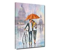 Romantic Canvas Prints Couple Holding a Umbrella With Bicycle Wall Art Decoration Colorful Pictures Rain Oil Painting Home Decor For Living Room Bedroom, Framed Ready to Hang (Orange, 12"x18")