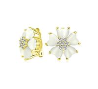 Romantic Cat Eye Gemstone Button-Style Heart-Shaped Petals Flower Clip-On Earrings for Women Yellow Gold Plated
