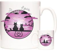 Romantic Cat Mug - 11oz Ceramic Coffee Cup with “Pussy Love” Sunset Design - Tea, Hot Chocolate & Gift Mug - Cute Silhouette Cats with Heart Tails - Comes in Strong White Box