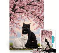 Romantic Cats Under Sakura Tree Jigsaw Puzzle for Teenagers 1000 Pieces Boost Recall Tension Relief Tight Edge Fine Art Piece (50x75cm)
