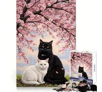 Romantic Cats Under Sakura Tree Jigsaw Puzzles for Teenagers 1000 Piece Brain Workout Toy Mental Relax Art Assembly Unique Gift (38x52cm)