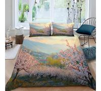 Romantic Cherry Blossoms Single Duvet Cover Sets Spring Landscape Bedding Single Bed Set 3D Print Ultra Soft Microfiber Quilt Cover 150 x 200 with Zipper Closure and 2 Pillowcases J-1368