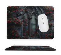 Romantic Colorful Rose Non-Slip Base Mousepad,Vintage Beautiful Mid Century Gothic Castles Window Red Rose Stitched Edges for Decoration,Most Types of Mouse 9.4"x7.9"