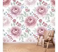 Romantic Country Printed 300 x 210 cm Photo Wallpaper Mural, Dusty Pink Non-Woven Fleece Wall Mural - Watercolor Oriental Flower Peony Wall Art for Home Reading Room Studio Lounge Wall Covering