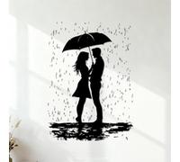Romantic Couple Silhouette embracing Under Umbrella in Rainy Scene Art Engraving Stickers 36x50.3cm Can Modify and add Information Black