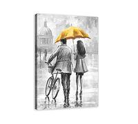 Romantic Couple Wall Art Lovers Walk on Street with Umbrella and Bicycle Oil Painting Black White Canvas Print Picture Love Theme Home Decor for Living Room Bedroom, Framed (Yellow, 12"x18")